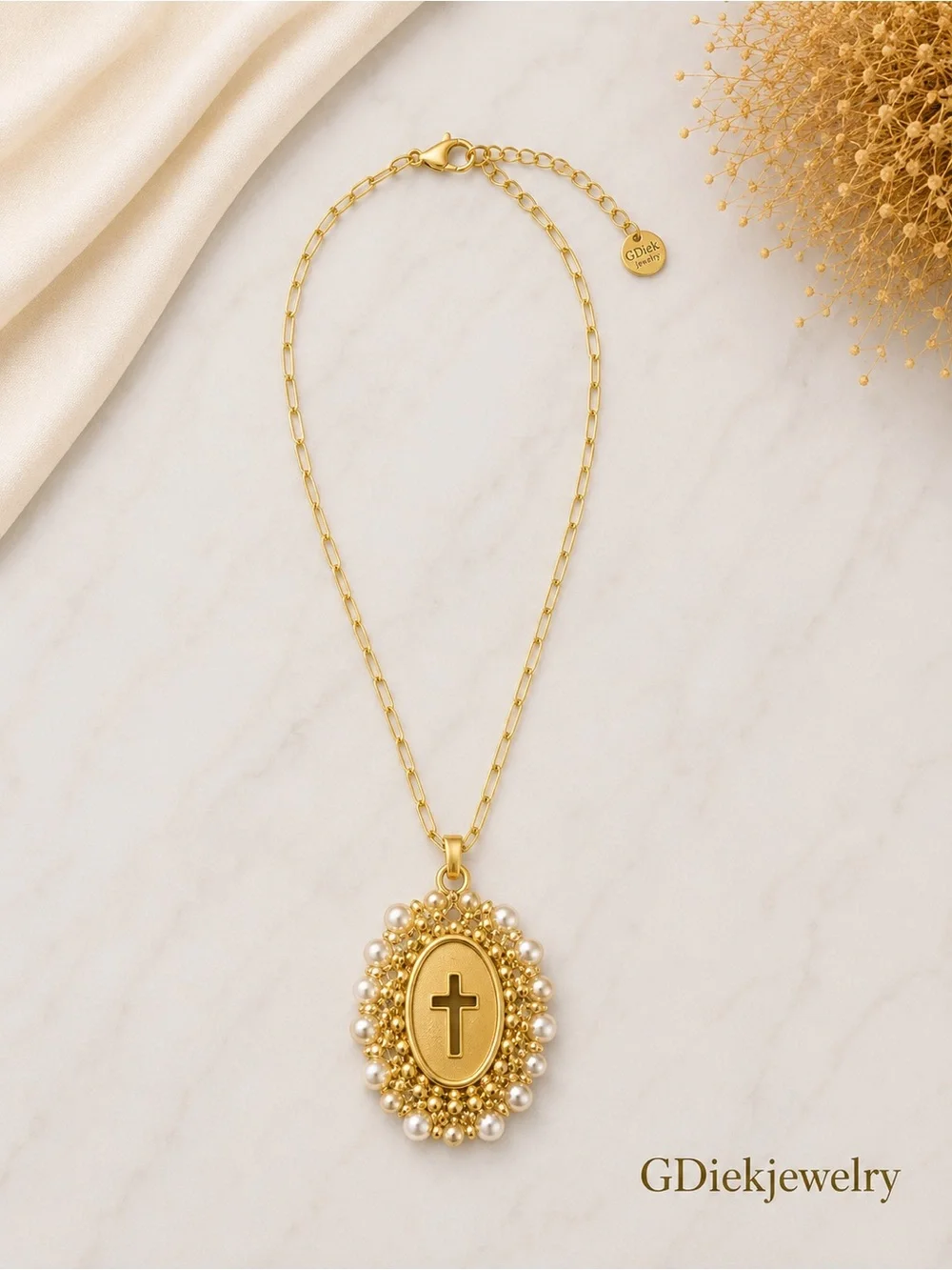 Goldfilled Cross Medallion Pearl Accent Necklace